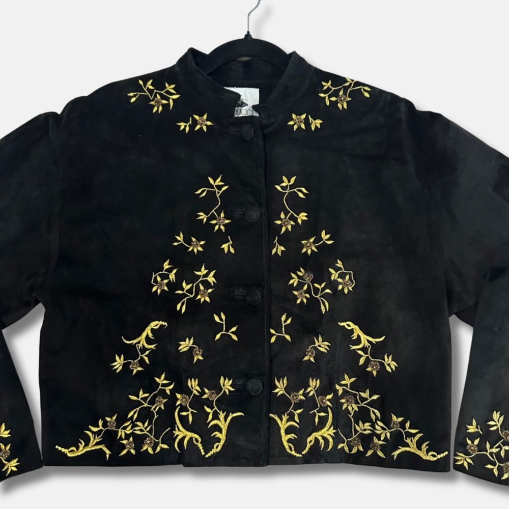 Vtg Black Suede Embroidered Skirt Suit Set Gold Floral Beaded 10 Gothic Romantic - Picture 3 of 13